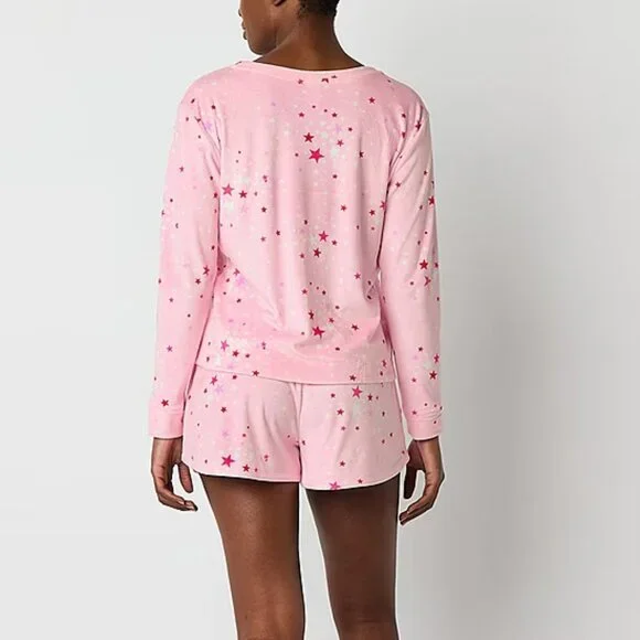 Pajamas Velour LG XL 2 Pc Set - Top Shorts Pink Red Stars Pjs Lounge Sleep New - Picture 4 of 4